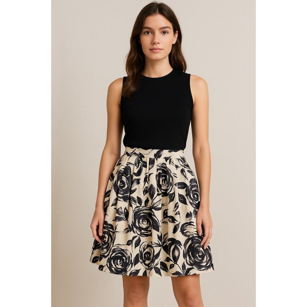 CAbi 465 Rosie A line Ivory Black Abstract Floral Pleated Skirt size 2